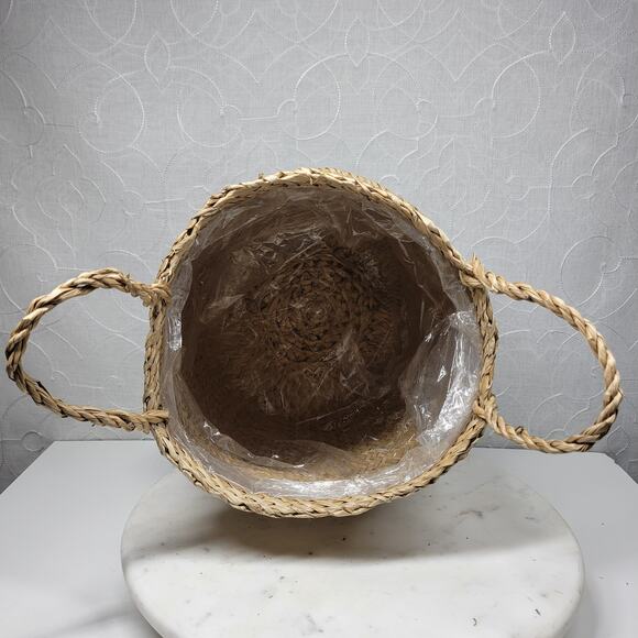 Seagrass Belly Basket 12" Tan Black Woven Wicker Home Storage Handles Lined New - Picture 11 of 16